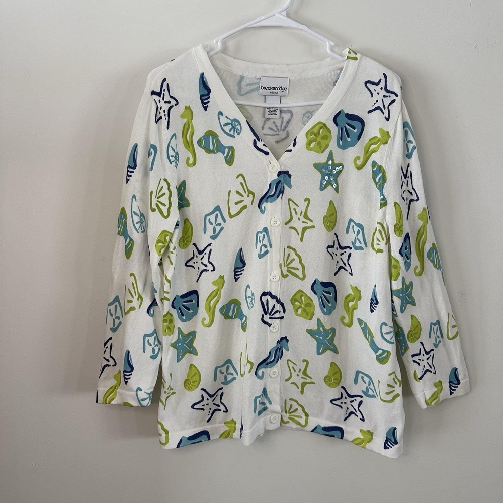 VTG Womens Breckenridge Petite Medium White Sweater Cardigan Beach Seashell